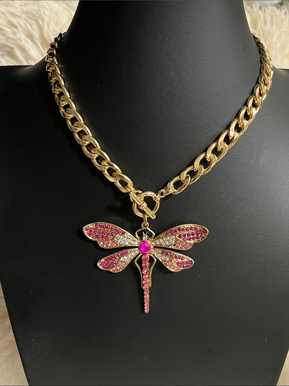 Gold Dragonfly Pendant Necklace with Pink Crystals